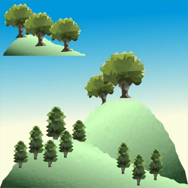 Árboles polígonos en el bosque. Paisaje verde montaña . — Vector de stock