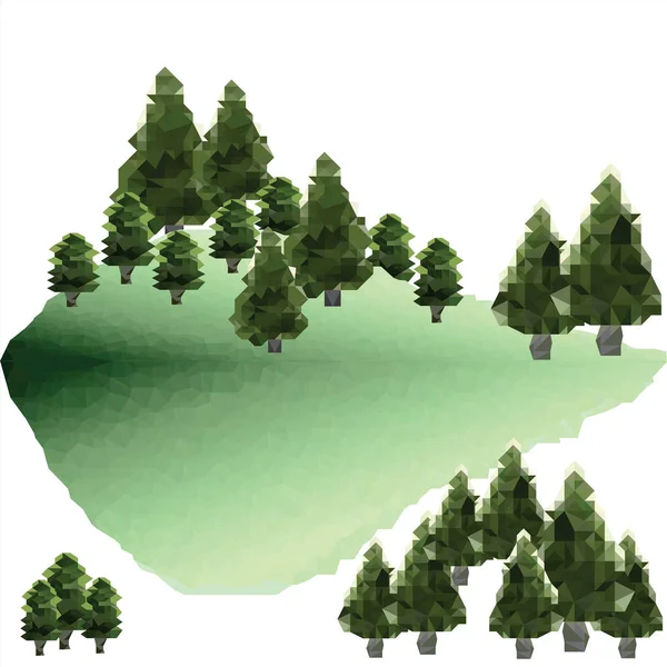 Pinos polígonos en el bosque. Paisaje verde montaña . — Vector de stock