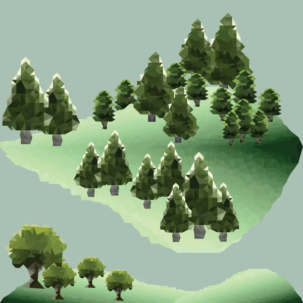 Pinos polígonos en el bosque. Paisaje verde montaña . — Vector de stock