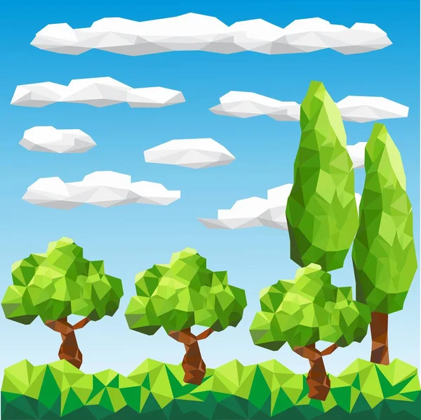 De bomen van de veelhoek in de bos. Groen landschap met lage poly wolken in de achtergrond. — Stockvector