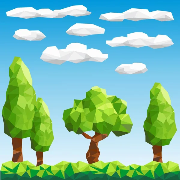 Многоугольные деревья в лесу. Зеленый пейзаж с низким поли облака на заднем плане . — стоковый вектор