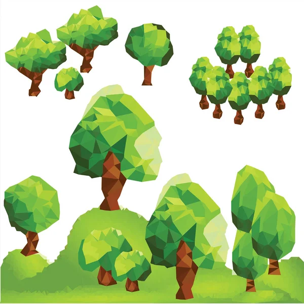 Абстрактний багатокутний зелений пейзаж з деревами на горі — стоковий вектор