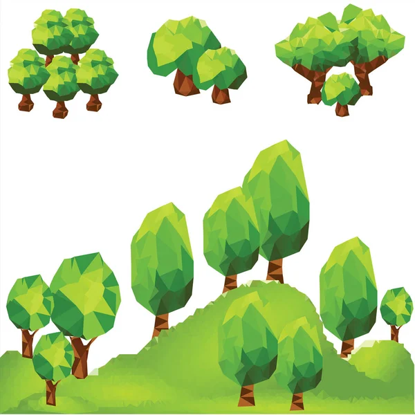 抽象的多边形绿色景观与山上的树木 — 图库矢量图片