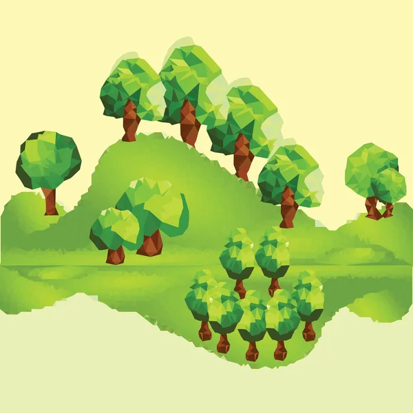 Paisaje verde poligonal abstracto con árboles en la montaña — Vector de stock