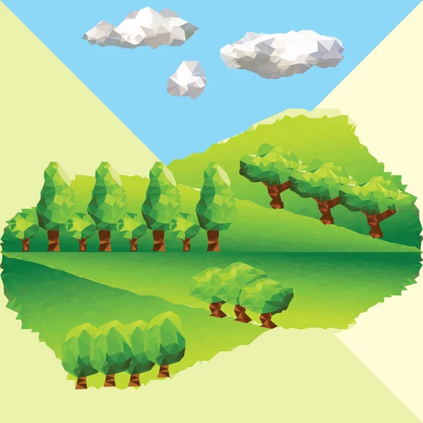 Paisaje verde poligonal abstracto con árboles en la montaña — Vector de stock