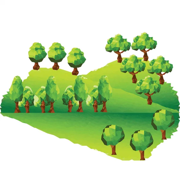 Abstrakta polygonal grönt landskap med träd på berget — Stock vektor
