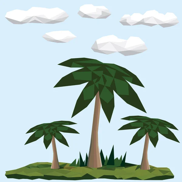 Polygonální zelené palmy. Mraky na pozadí — Stockový vektor