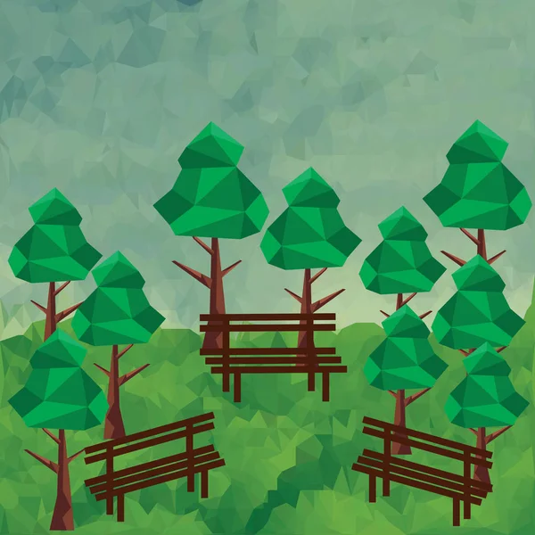Paysage polygone avec arbres et banc. Graphique vectoriel — Image vectorielle