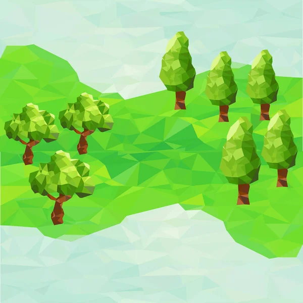Paysage polygone avec ciel bleu, montagne et forêt — Image vectorielle