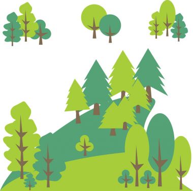 Dağ manzarası ile çam ve ağaçlar. Vektör grafiği