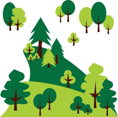 Dağ manzarası ile çam ve ağaçlar. Vektör grafiği