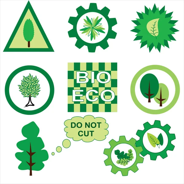 Экология мобильных знаков с деревьями, листьями и цветами — стоковый вектор