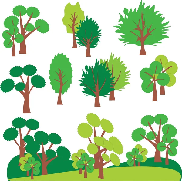 Alberi astratti vettoriali sul paesaggio verde. Clip art — Vettoriale Stock