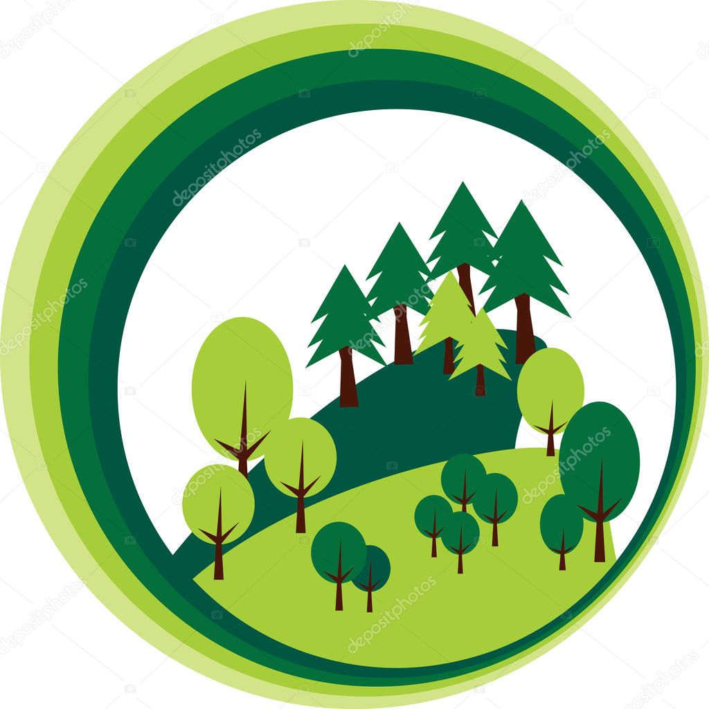 Mountain landscape with pines and trees. Vector graphic