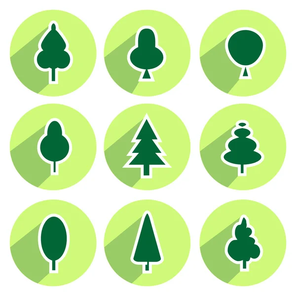 A zöld fák modern kör jel árnyékok ikonok — Stock Vector