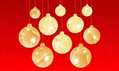 Altın poligonal Noel topları ve yıldız üçgen oluşan kırmızı zemin üzerine. 