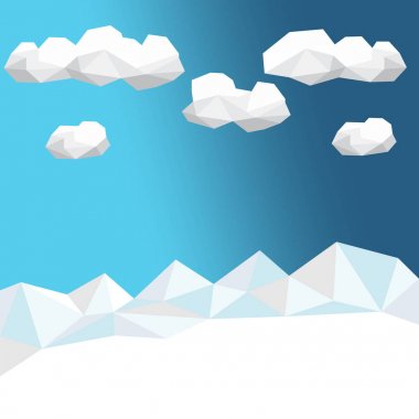 Kış düşük Poli arka plan poligonal köknar ağaçları ve bulutlar. Manzara sezon. Vektör çizim.