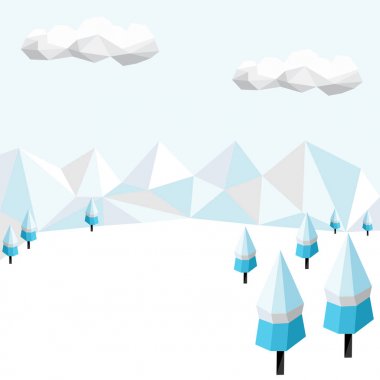 Kış düşük Poli arka plan poligonal köknar ağaçları ve bulutlar. Manzara sezon. Vektör çizim.