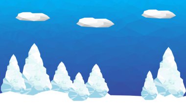 Kış arka plan poligonal köknar ağaçları ve bulutlar. Manzara sezon. Vektör çizim. 