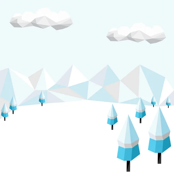 Winter low poly background with polygonal firs trees and clouds. Landscape season. Vector illustration.