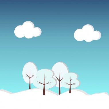 Karton kağıt Orman ağaçları karda ile vektör Illustration. Kış manzara ağaçlar ve bulutlar. 