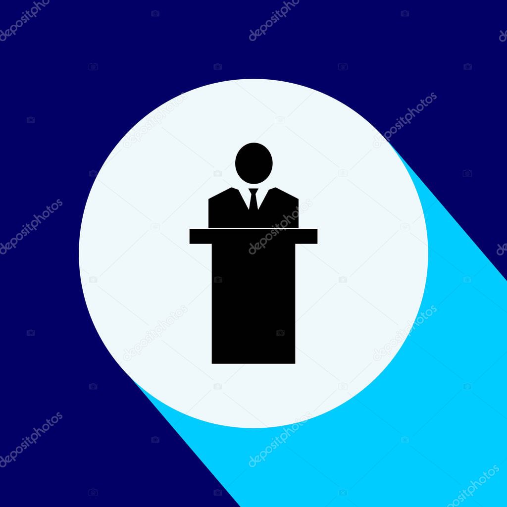 Business Man behind the speaker. Icon with long shadow. Vector Illustration isolated for graphic and web design.