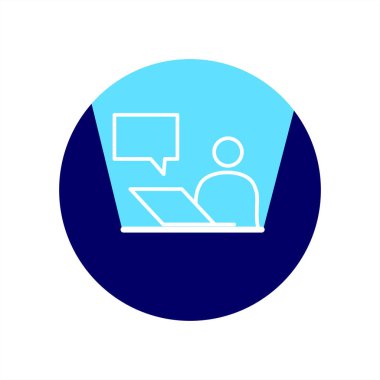 Bilgisayarda çalışan bir iş adamı. Simge uzun gölge ile. Vektör illüstrasyon izole için grafik ve web tasarım.