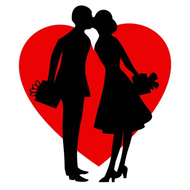 Çift siluet kalbinde öpüşme. Sevgililer günün kutlu olsun. Vektör grafik illüstrasyon.