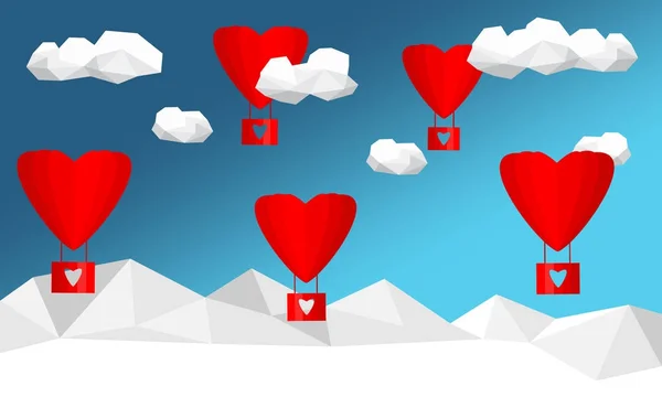 Heart, cloud and air balloon with polygon background. Valentine day concept. Happy Valentin day.