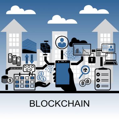 Blockchain vektör arka plan illüstrasyon smartphone ve simgeler tutan el ile. Blockchain kavramı.