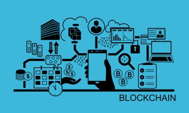 Blockchain vektör arka plan illüstrasyon smartphone ve simgeler tutan el ile. Blockchain kavramı.