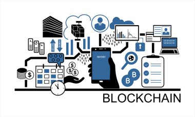 Blockchain vektör arka plan illüstrasyon smartphone ve simgeler tutan el ile. Blockchain kavramı.