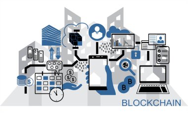 Blockchain vektör arka plan illüstrasyon smartphone ve simgeler tutan el ile. Blockchain kavramı.