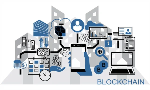 Blockchain vektör arka plan illüstrasyon smartphone ve simgeler tutan el ile. Blockchain kavramı.