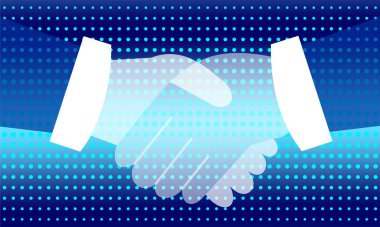 Mavi desen noktalı zemin ile el sıkışma. Vektör çizim arka planlar.