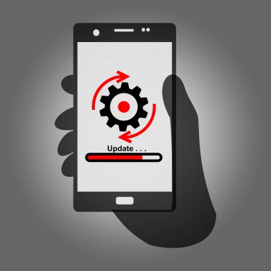 Telefon iş iletişimi tutan el. Ekrandaki simge güncelleştirme. Vektör illüstrasyon izole için grafik ve web tasarım.