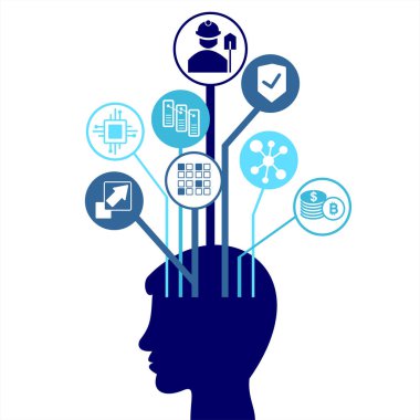 Blockchain vektör arka plan illüstrasyon siluet ile bir adam ve simgeler. Blockchain kavramı.