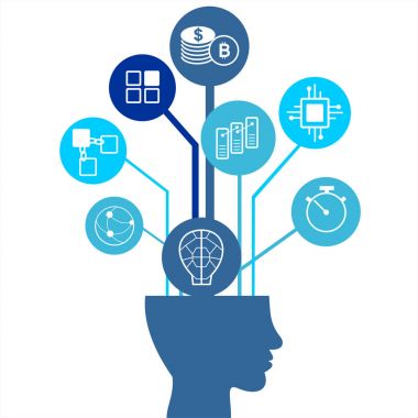 Blockchain vektör arka plan illüstrasyon siluet ile bir adam ve simgeler. Blockchain kavramı.
