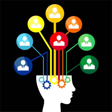 Bir adam ve simgelerin arka plan illüstrasyon siluet ile. İş Infographic. Düz tasarım vektör.
