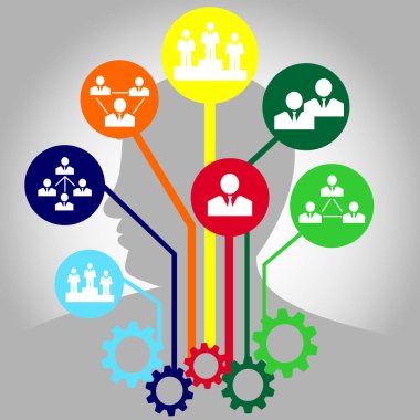 Bir adam ve simgelerin arka plan illüstrasyon siluet ile. İş Infographic. Düz tasarım vektör.