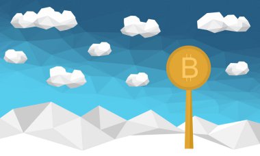 Bitcoin düşük Poli arka plan. Dijital cryptocurrency. Teknoloji afiş. Düşük Poli arka plan.