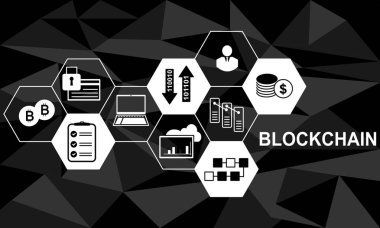Blockchain kavramı koyu düşük Poli arka plan ile vektör Illustration. Altıgen şekillerin bağlı.