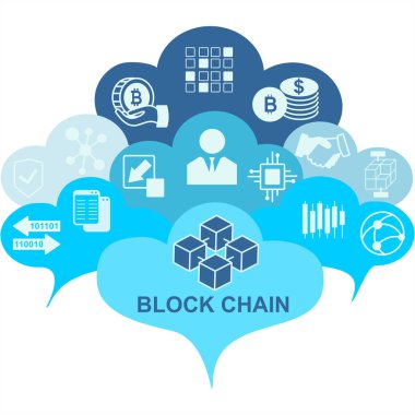 Blockchain vektör arka plan illüstrasyon bulutlar ve simgeler. Blockchain kavramı.