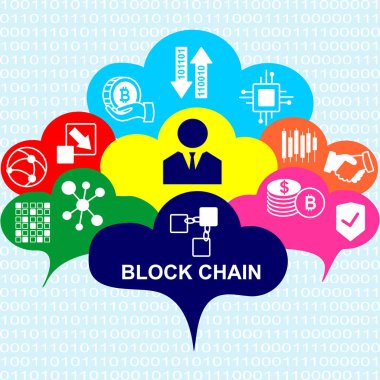 Blockchain vektör arka plan illüstrasyon bulutlar ve simgeler. Blockchain kavramı.