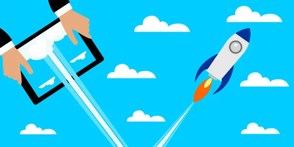 Bir tablet bir roket ile holding iş adamı. Başlangıç kavramı. Düz tasarım, vektör çizim.
