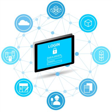 Blok zinciri güvenlik kavramı. Güvenlik koruması ve web için simgeleri ile tablet. Korunan bir bilgisayar ağları. Internet güvenlik.  