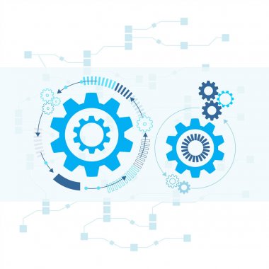 Açık mavi renkli arka plan üzerinde fütüristik soyut. Vektör çizim Dişli çark, altıgenler ve devre kartı, yüksek teknoloji dijital teknoloji ve mühendislik. Dijital telekom teknoloji kavramı. 