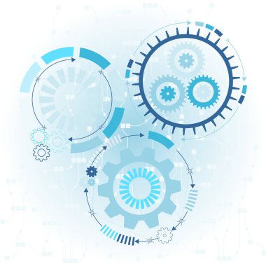 Açık mavi renkli arka plan üzerinde fütüristik soyut. Vektör çizim Dişli çark, altıgenler ve devre kartı, yüksek teknoloji dijital teknoloji ve mühendislik. Dijital telekom teknoloji kavramı. 