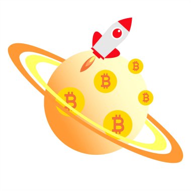 Bir roket ile gezegen simgesi. Kripto para birimi kavramı. Vektör grafik illüstrasyon.