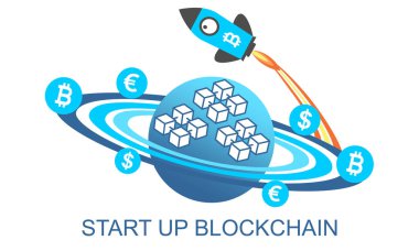 Kavramsal şablon blockchain bir roket ve gezegen ile /. Vektör grafik illüstrasyon.